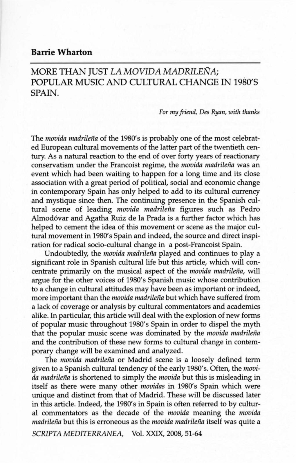 Popular Music and Cultural Change in 19So's Spain