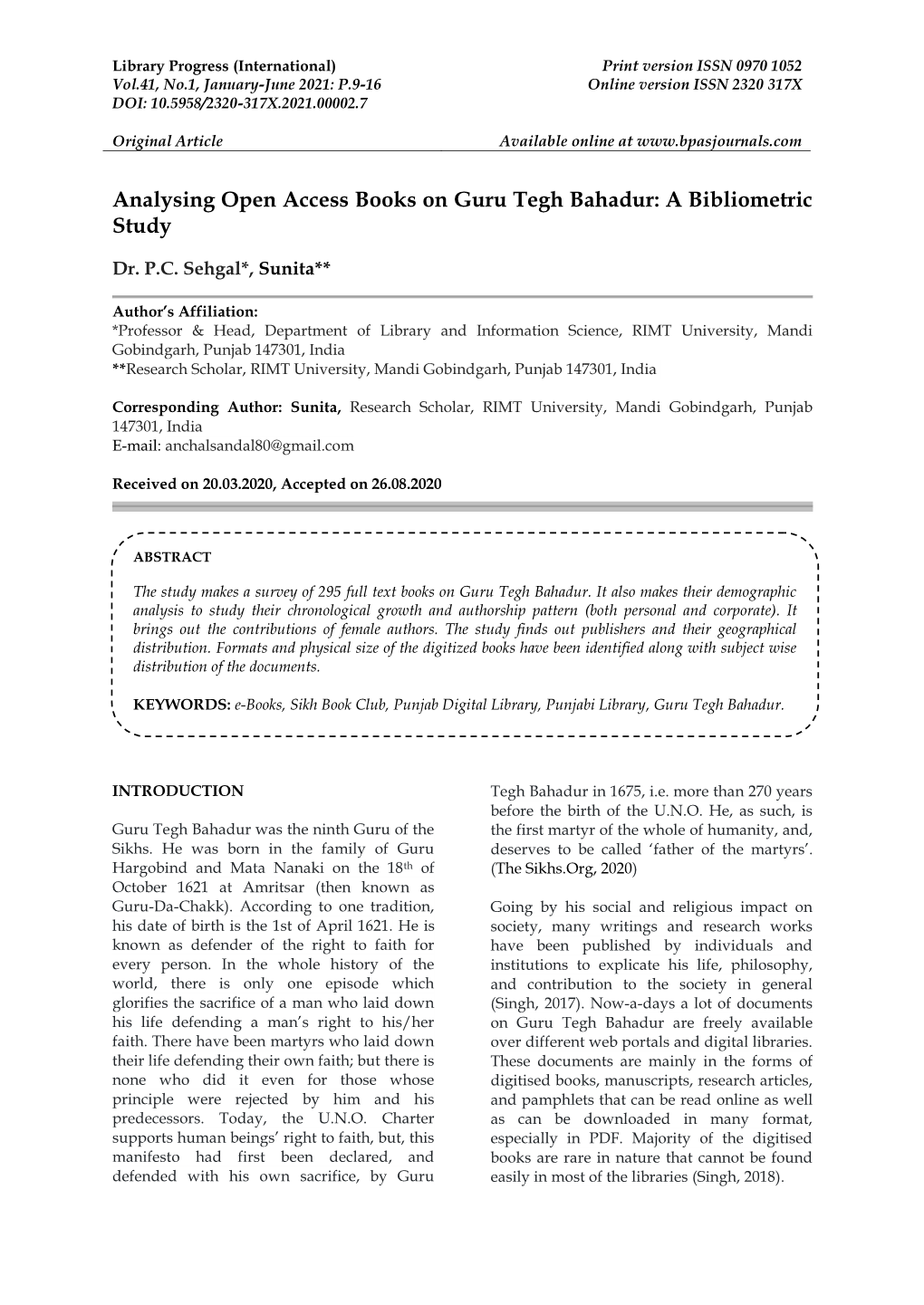 Analysing Open Access Books on Guru Tegh Bahadur: a Bibliometric Study