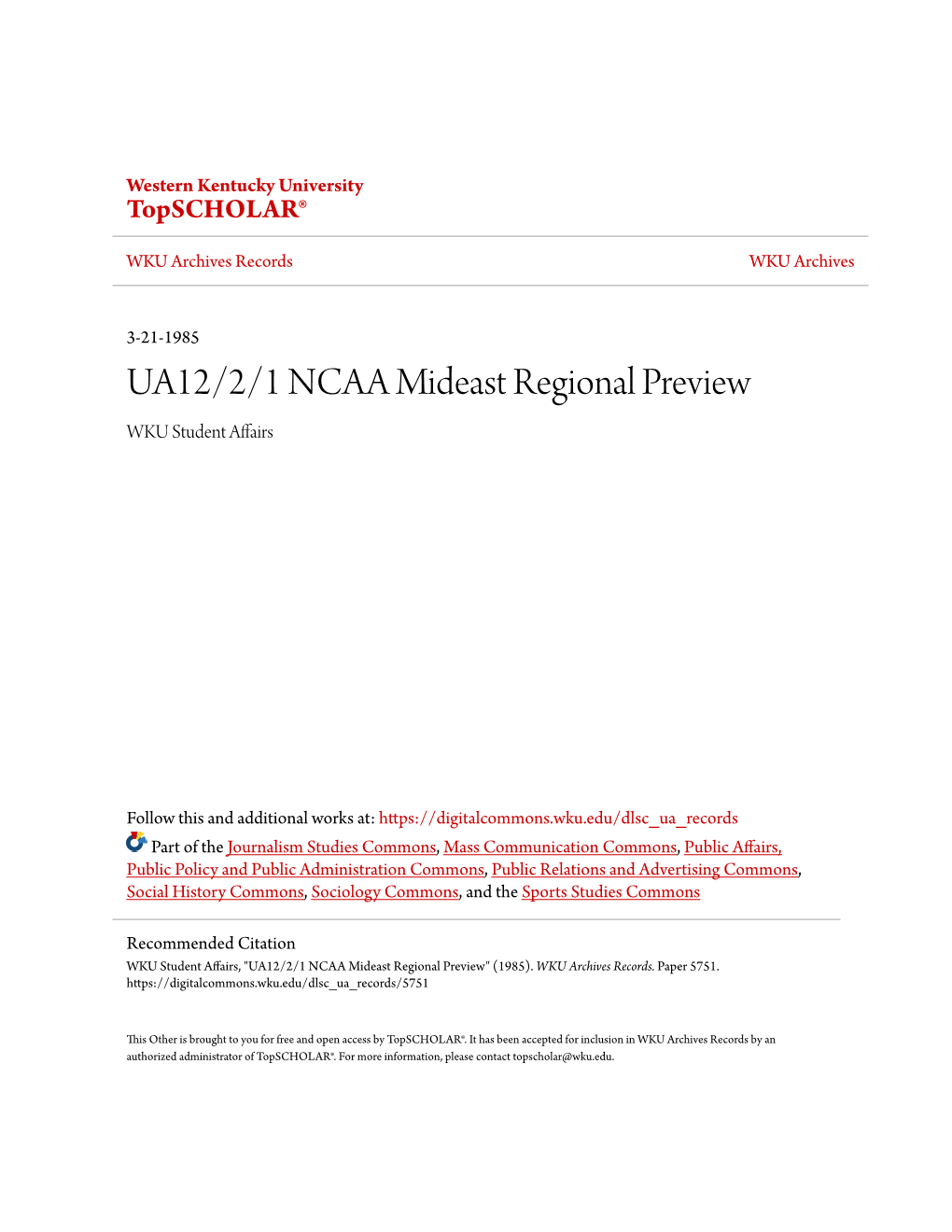 UA12/2/1 NCAA Mideast Regional Preview WKU Student Affairs