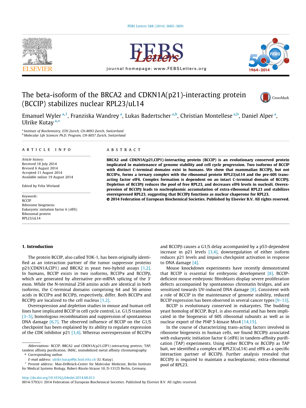 Interacting Protein (BCCIP) Stabilizes Nuclear RPL23/Ul14