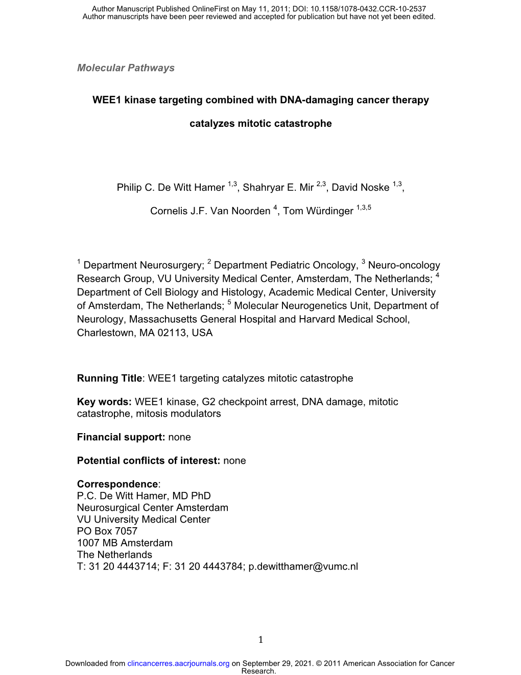 1 Molecular Pathways WEE1 Kinase Targeting Combined with DNA