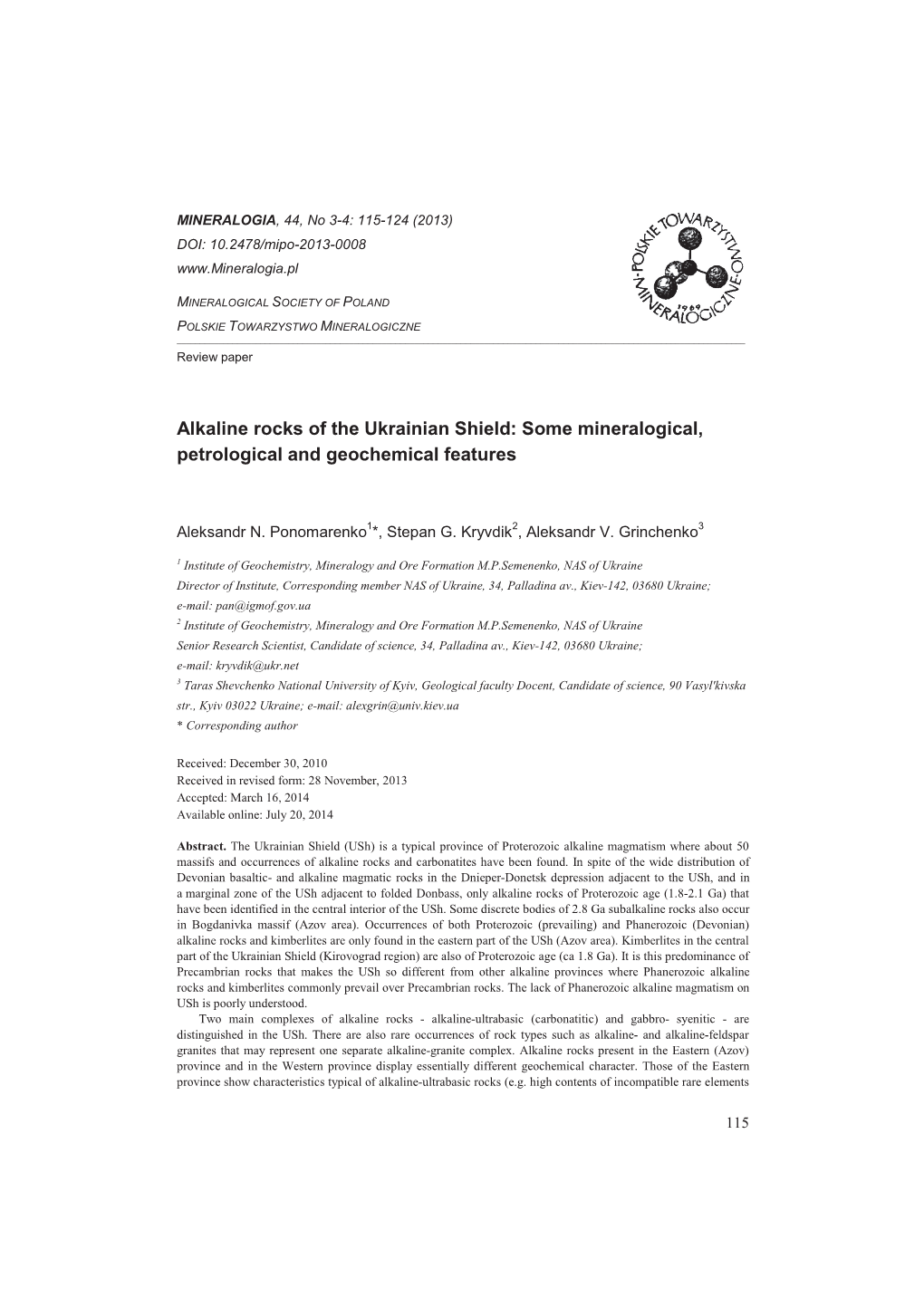 Alkaline Rocks of the Ukrainian Shield: Some Mineralogical, Petrological and Geochemical Features