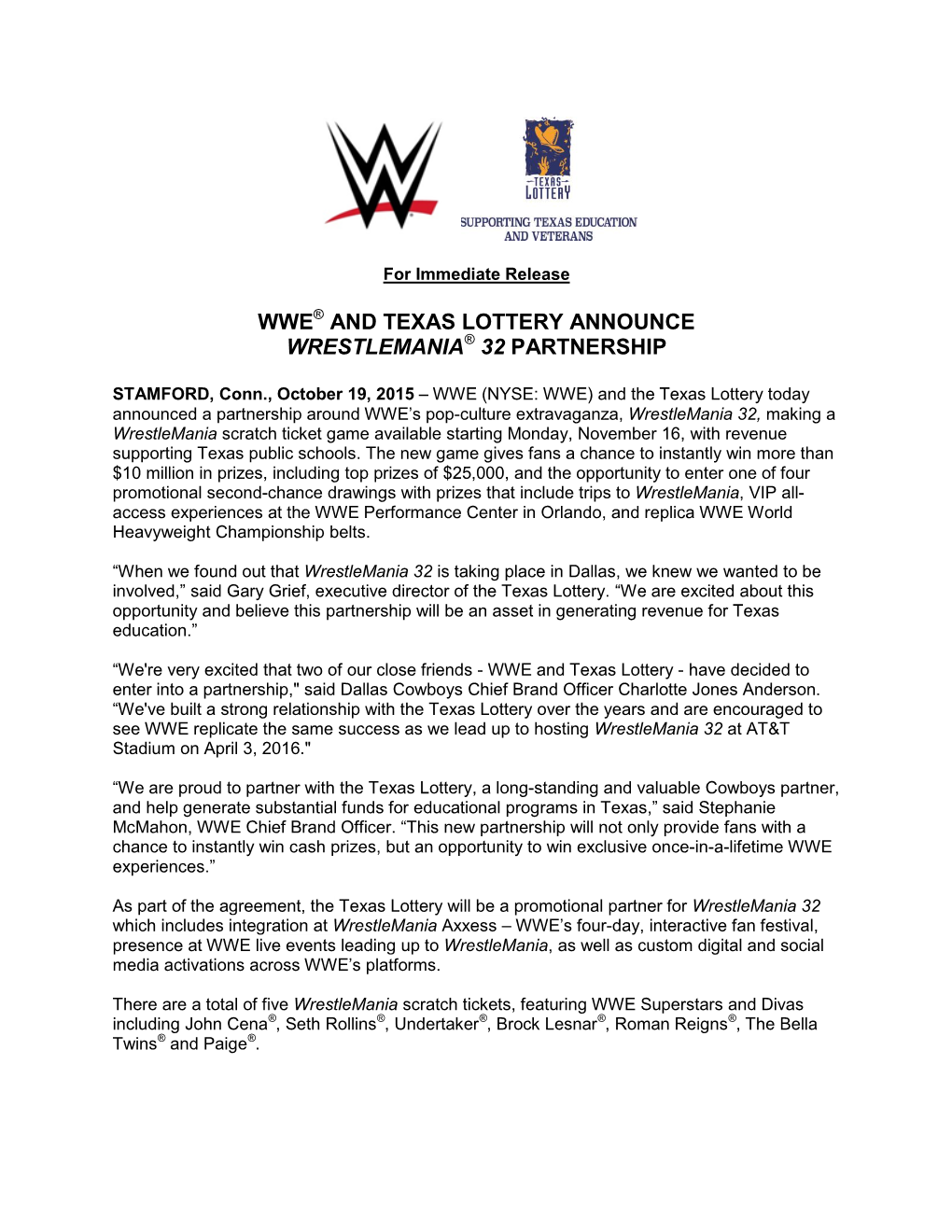 Wwe and Texas Lottery Announce Wrestlemania 32