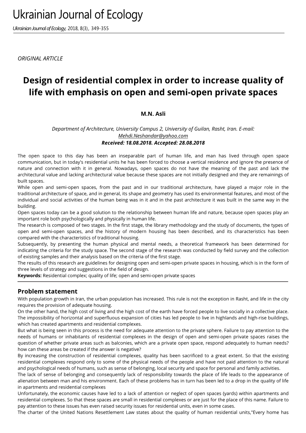 Design of Residential Complex in Order to Increase Quality of Life with Emphasis on Open and Semi-Open Private Spaces