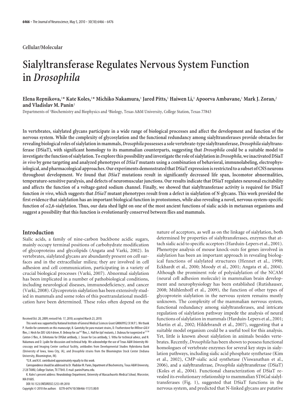 Sialyltransferase Regulates Nervous System Function Indrosophila