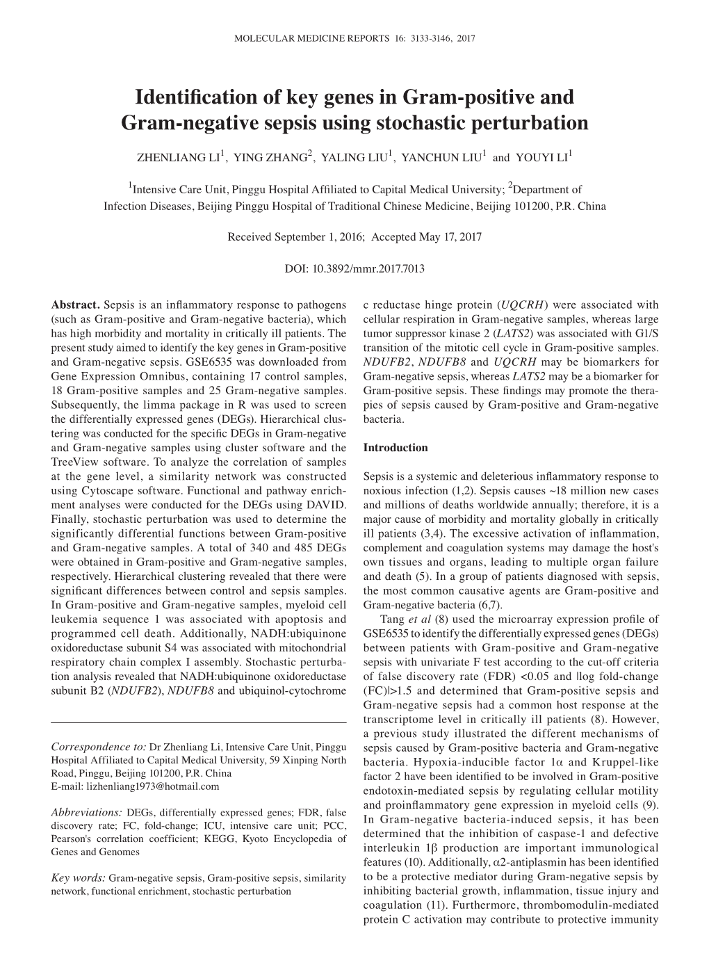 Identification of Key Genes in Gram‑Positive and Gram‑Negative Sepsis Using Stochastic Perturbation