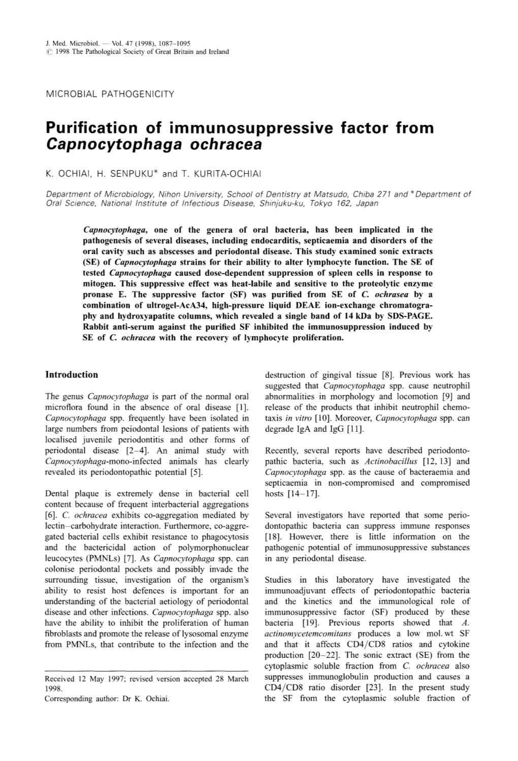 Purification of Immunosuppressive Factor from Capnocytophaga Ochracea