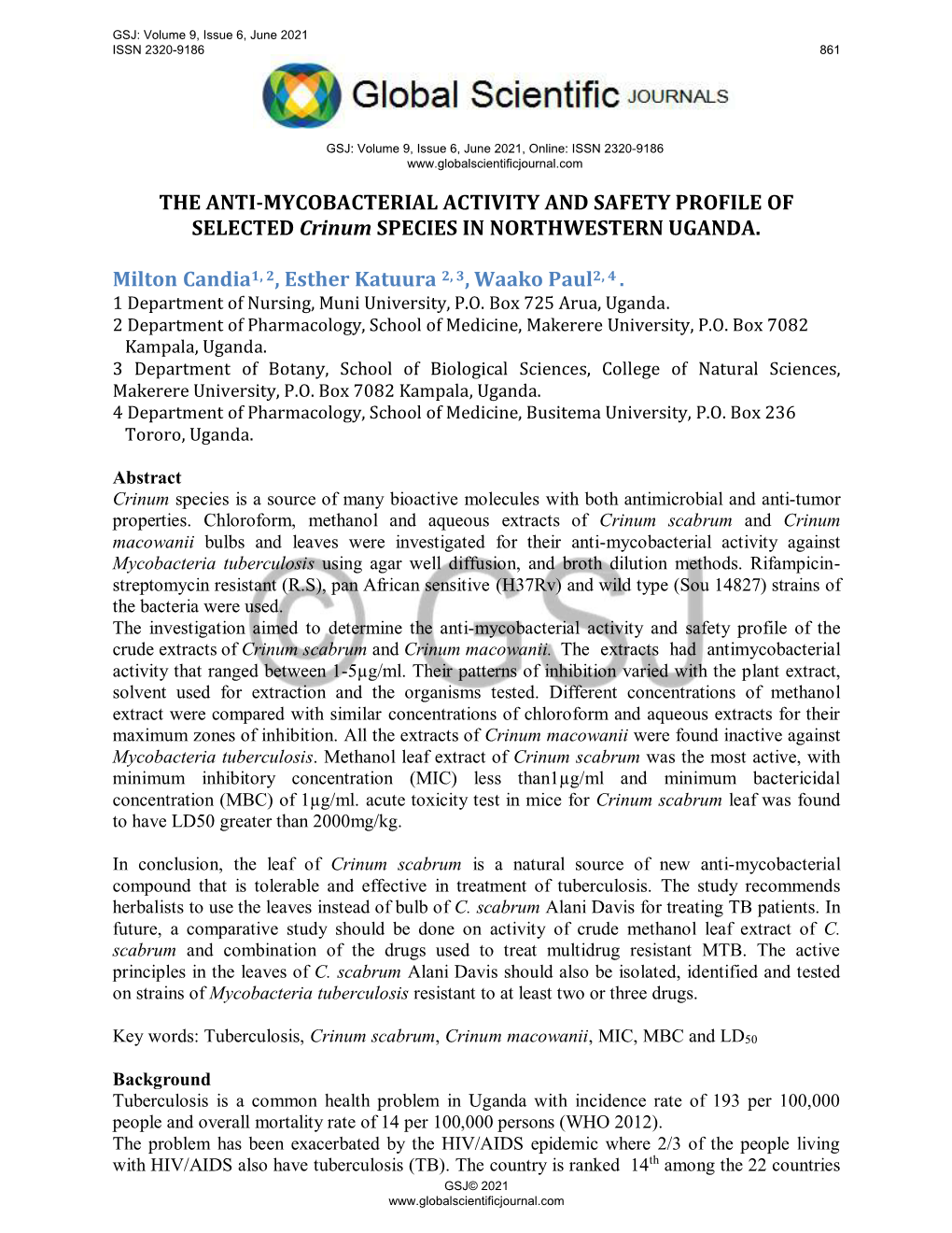 THE ANTI-MYCOBACTERIAL ACTIVITY and SAFETY PROFILE of SELECTED Crinum SPECIES in NORTHWESTERN UGANDA