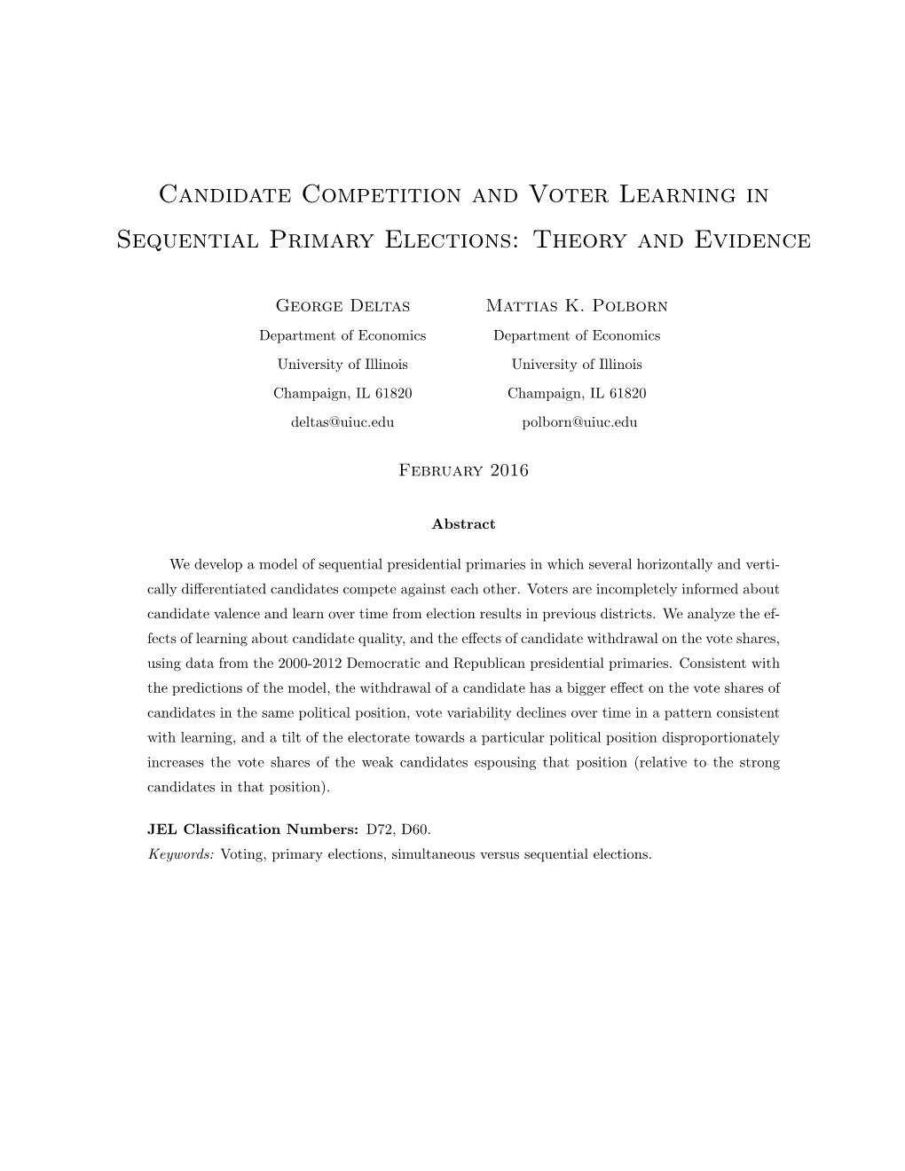 Candidate Competition and Voter Learning in Sequential Primary Elections: Theory and Evidence