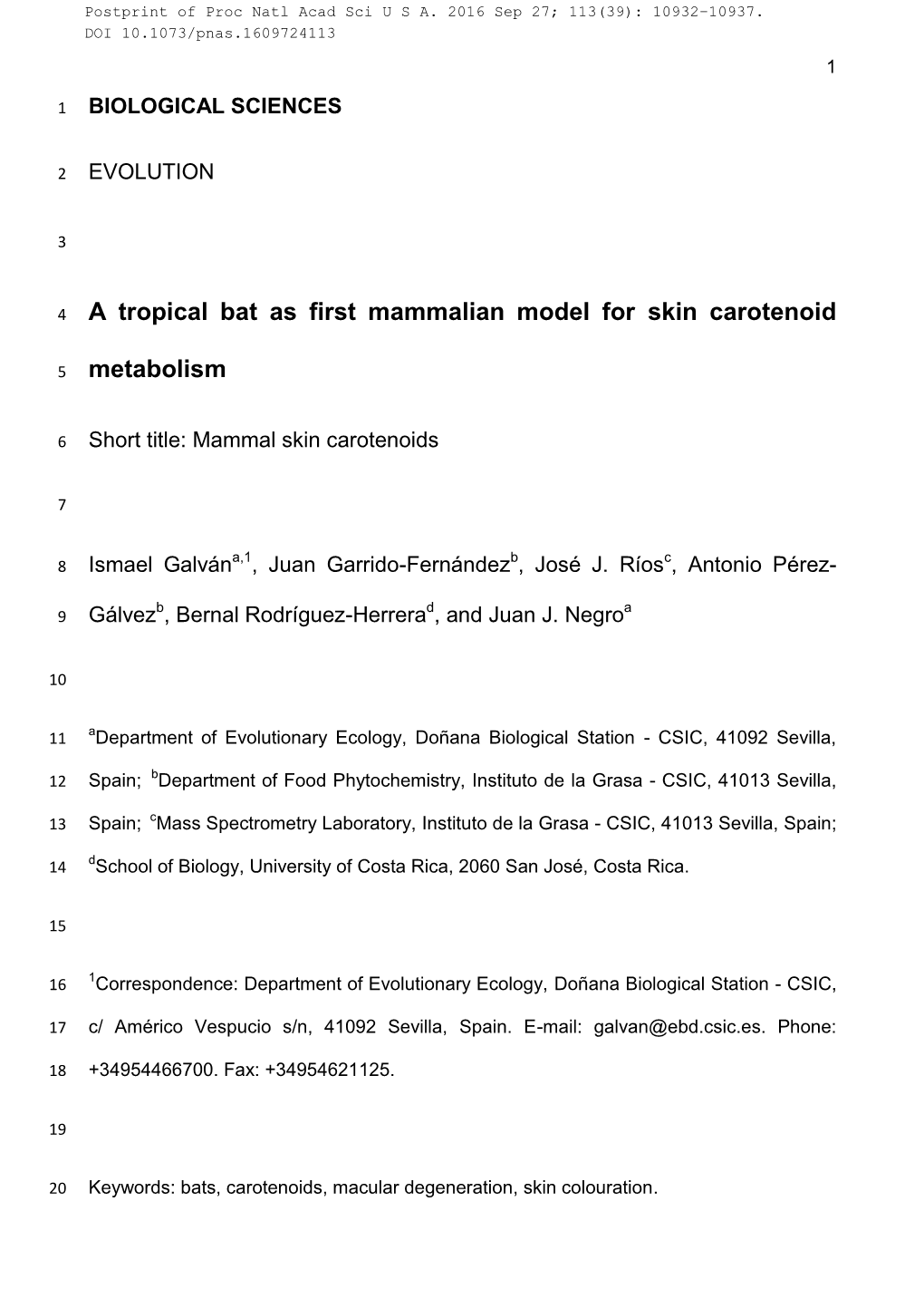 A Tropical Bat As First Mammalian Model for Skin Carotenoid Metabolism