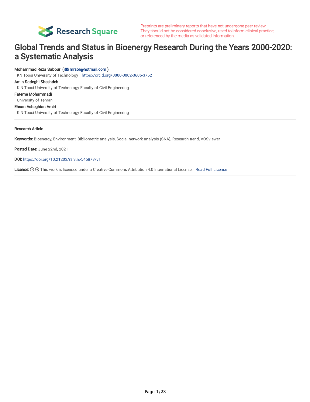 Global Trends and Status in Bioenergy Research During the Years 2000-2020: a Systematic Analysis