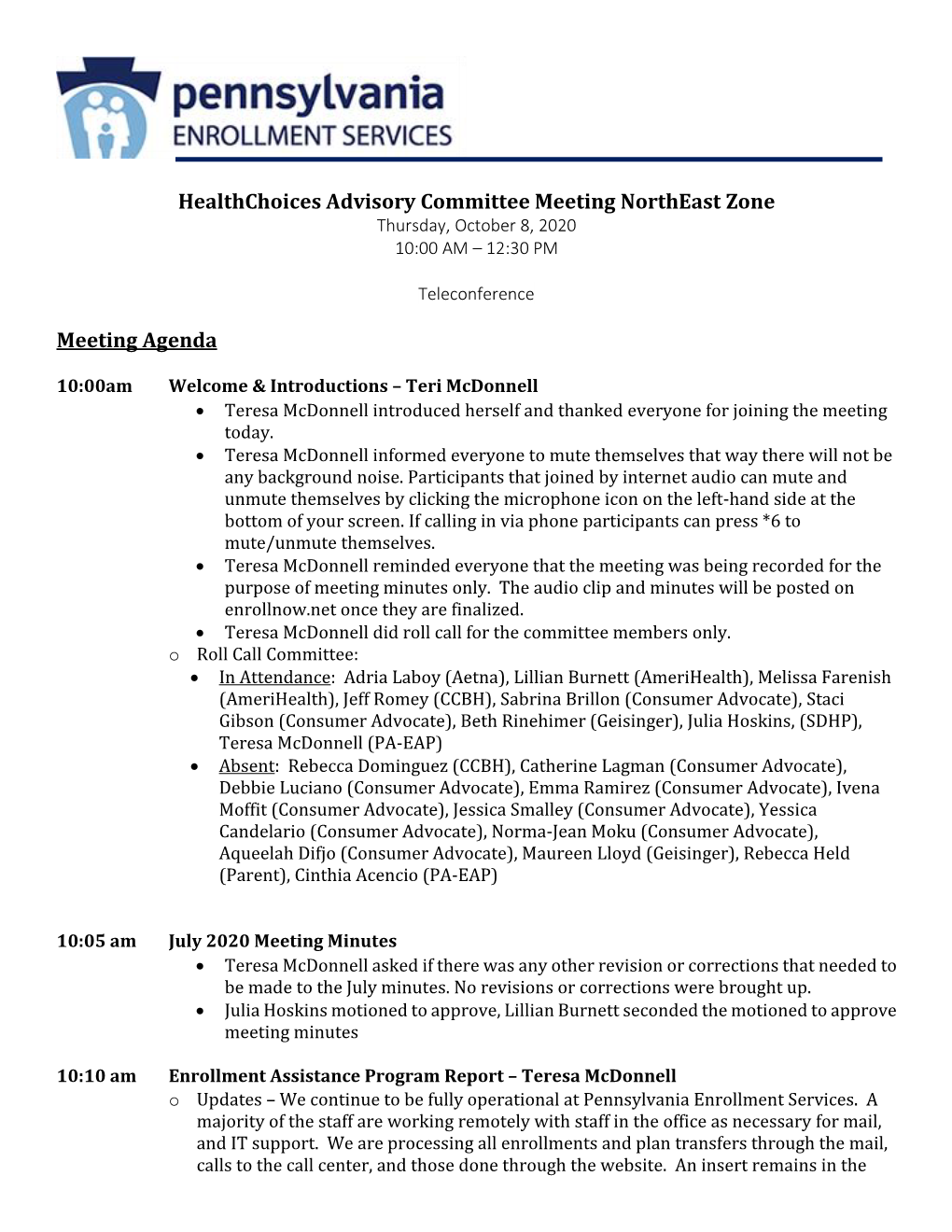 Healthchoices Advisory Committee Meeting Northeast Zone Meeting