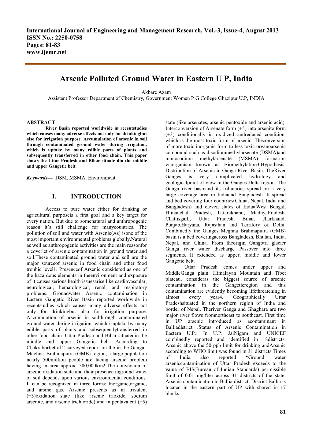 Arsenic Polluted Ground Water in Eastern U P, India
