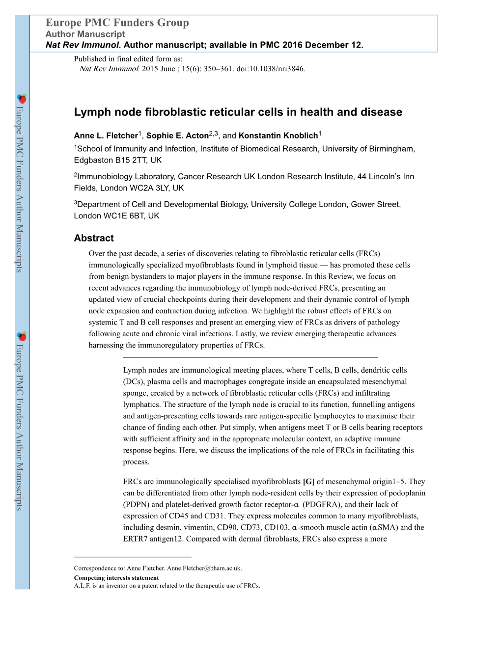 Lymph Node Fibroblastic Reticular Cells in Health and Disease