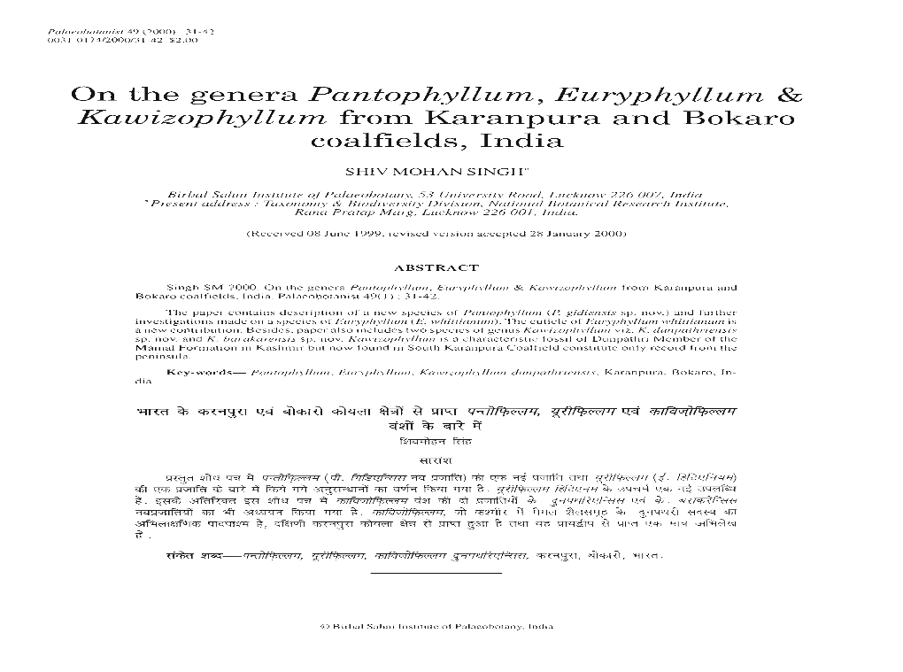 On the Genera Pantophyllum, Euryphyllum & Kawizophyllum From