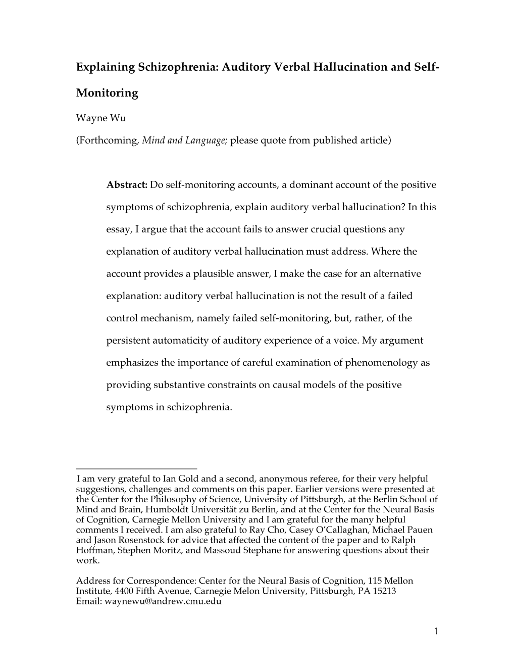 Auditory Verbal Hallucination and Self- Monitoring