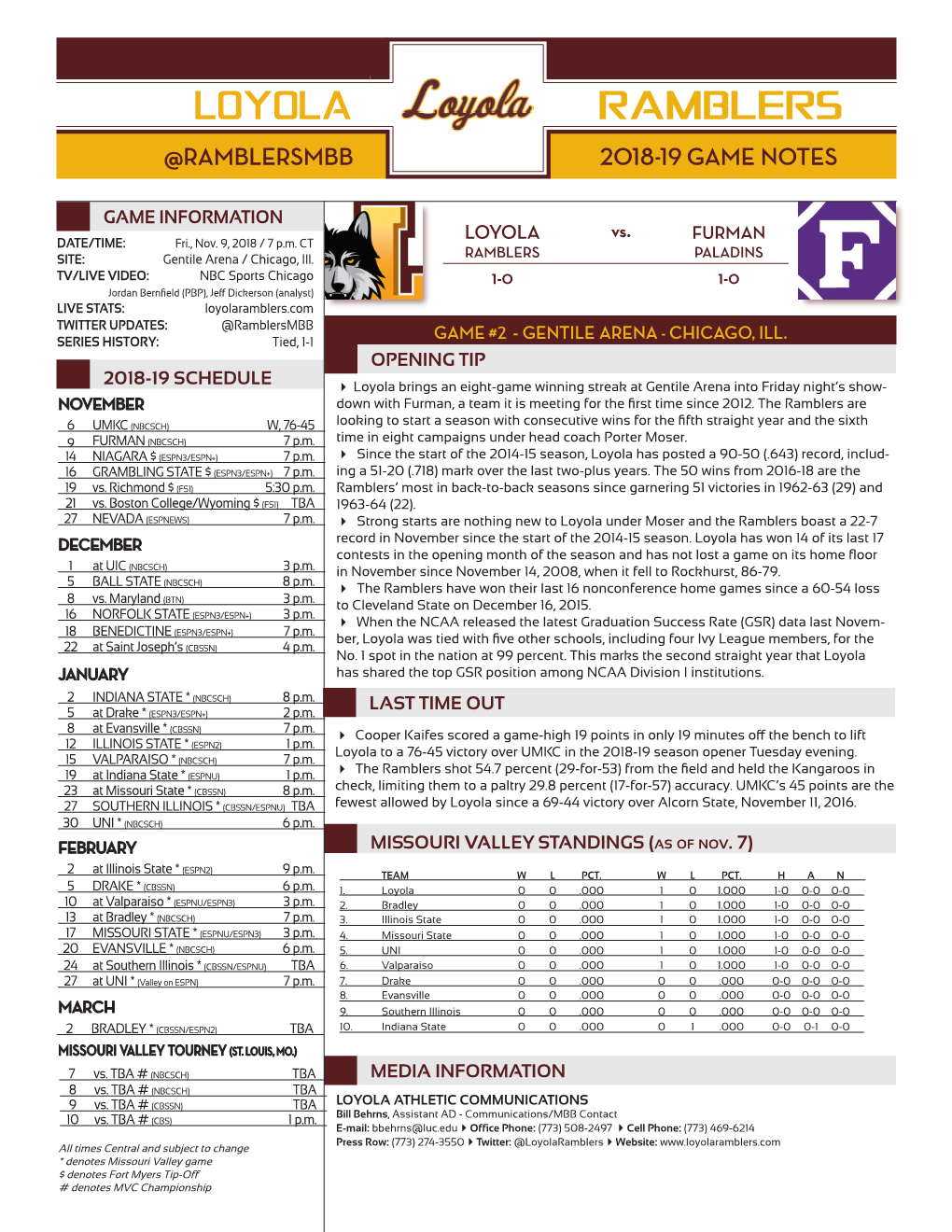 Loyola Ramblers @Ramblersmbb 2018-19 Game Notes