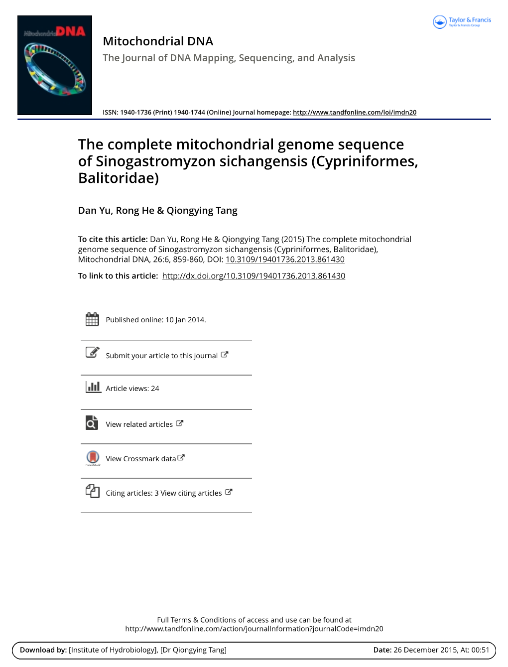 The Complete Mitochondrial Genome Sequence of Sinogastromyzon Sichangensis (Cypriniformes, Balitoridae)
