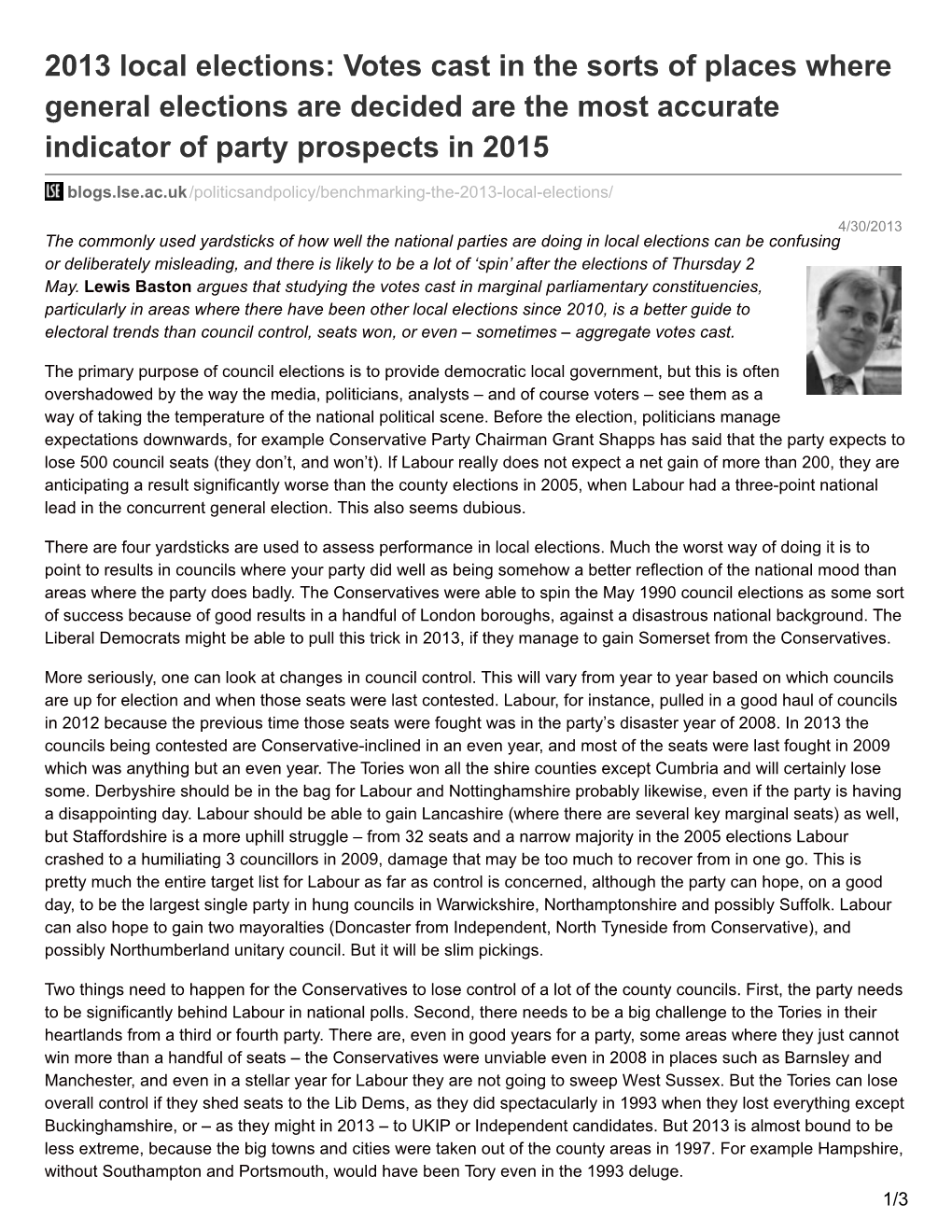 2013 Local Elections: Votes Cast in the Sorts of Places Where General Elections Are Decided Are the Most Accurate Indicator of Party Prospects in 2015