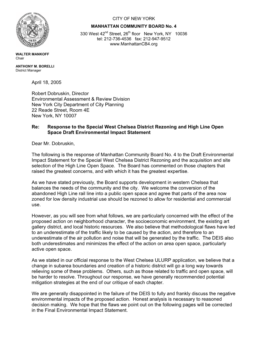 Response to West Chelsea Rezoning Environmental Impact Statement