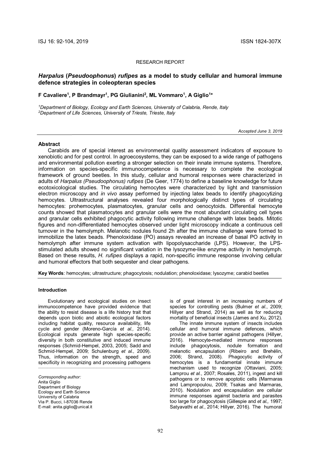 Rufipes As a Model to Study Cellular and Humoral Immune Defence Strategies in Coleopteran Species