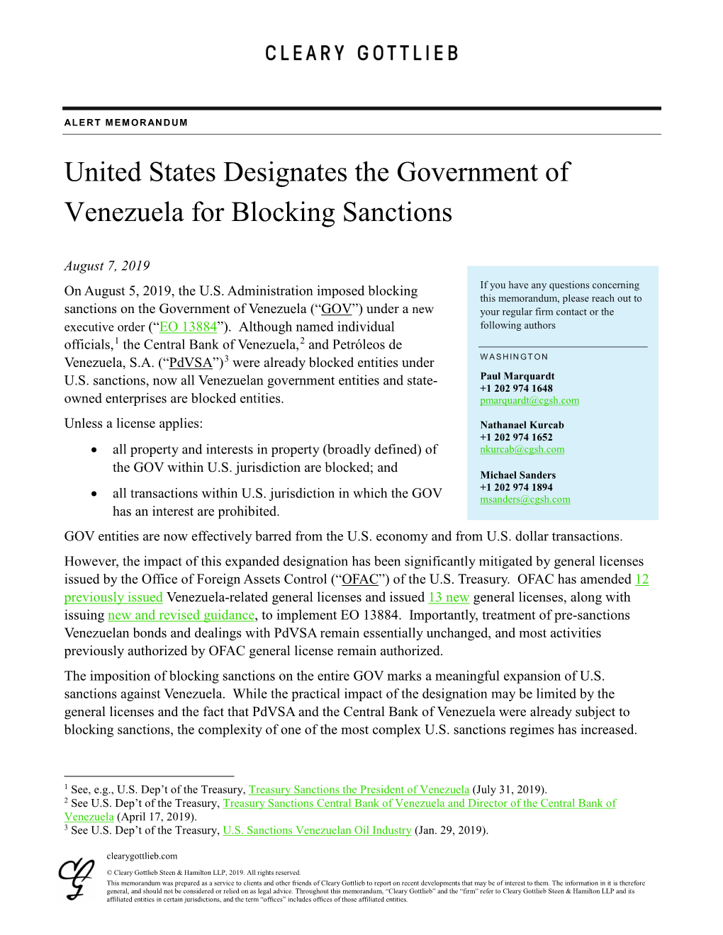 United States Designates the Government of Venezuela for Blocking Sanctions
