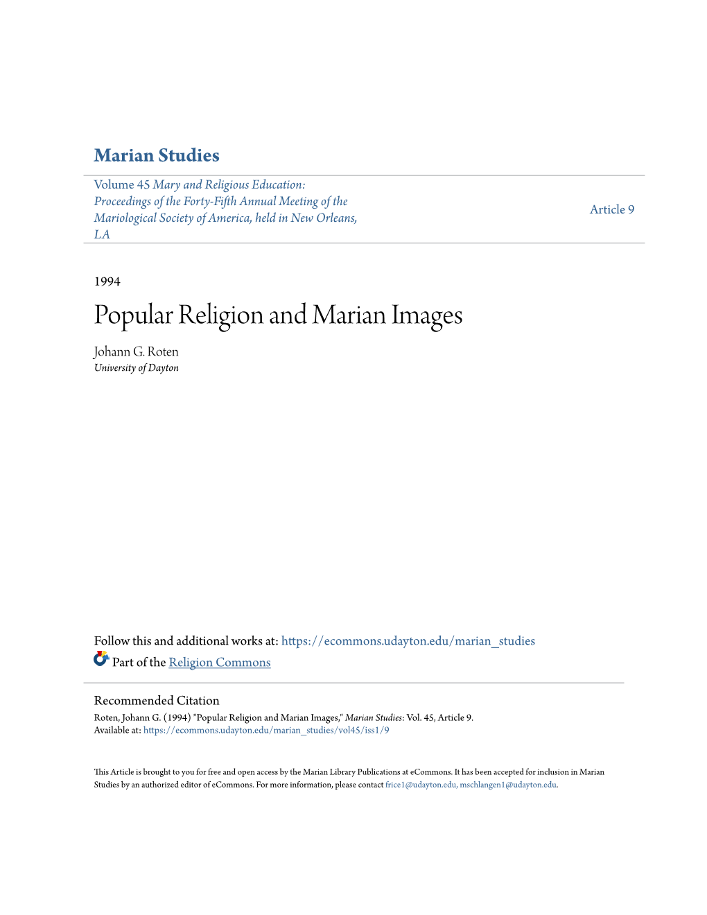 Popular Religion and Marian Images Johann G