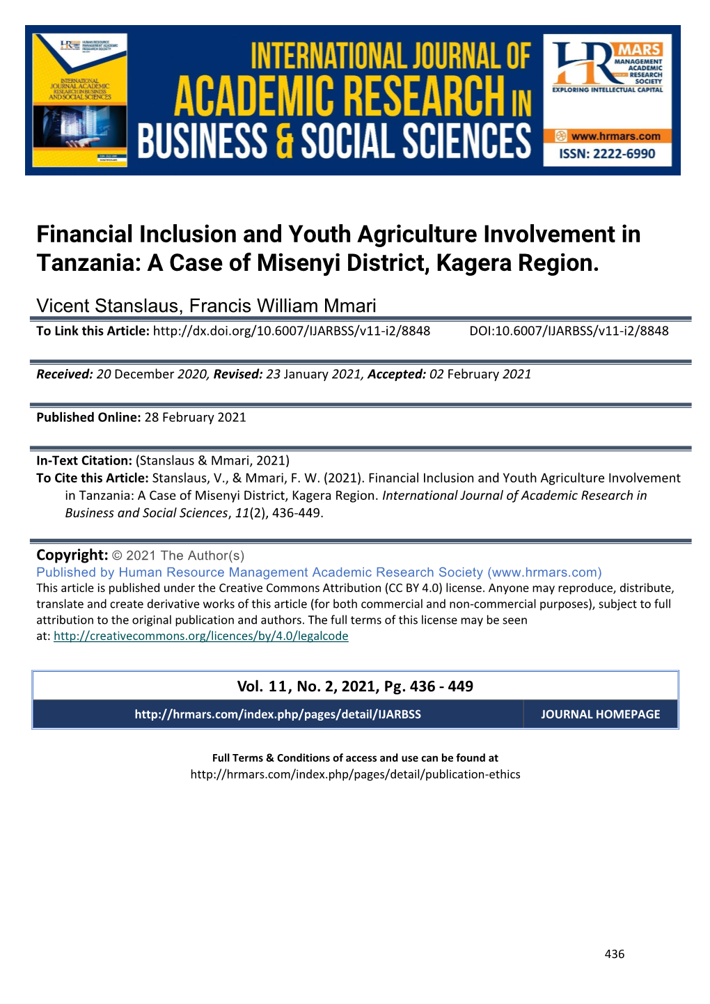 Financial Inclusion and Youth Agriculture Involvement in Tanzania: a Case of Misenyi District, Kagera Region