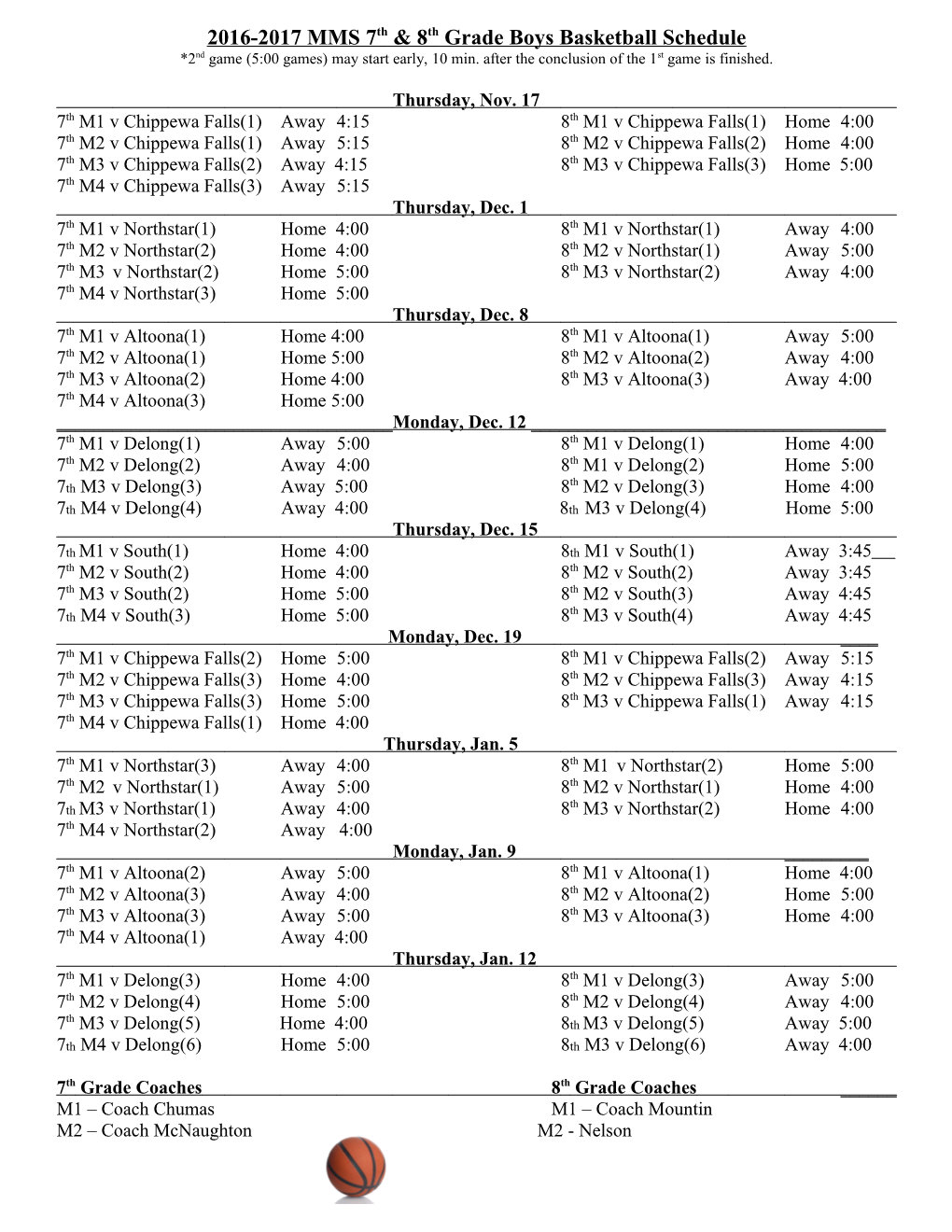 2016-2017 MMS 7Th & 8Th Grade Boys Basketball Schedule