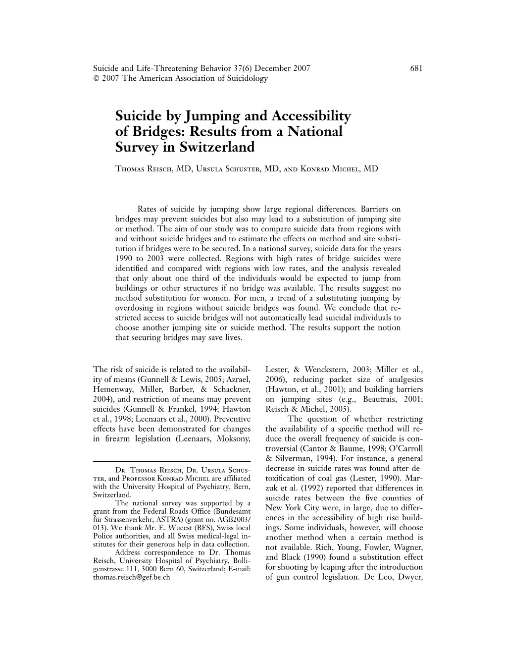 Suicide by Jumping and Accessibility of Bridges: Results from a National Survey in Switzerland