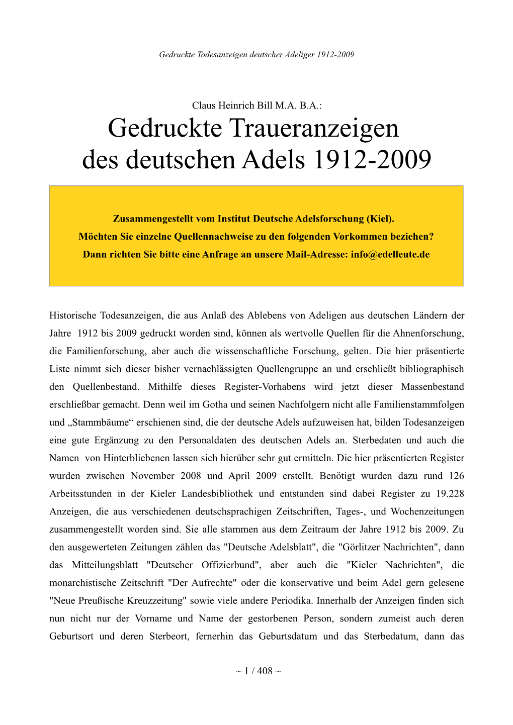 Gedruckte Traueranzeigen Des Deutschen Adels 1912-2009
