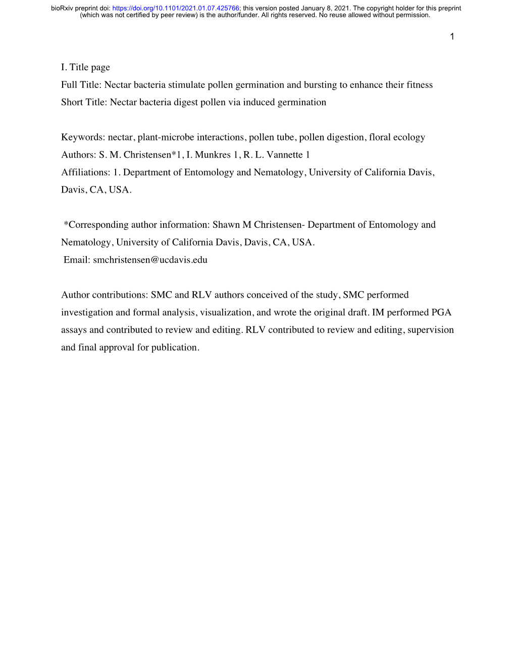 Nectar Bacteria Stimulate Pollen Germination and Bursting to Enhance Their Fitness Short Title: Nectar Bacteria Digest Pollen Via Induced Germination