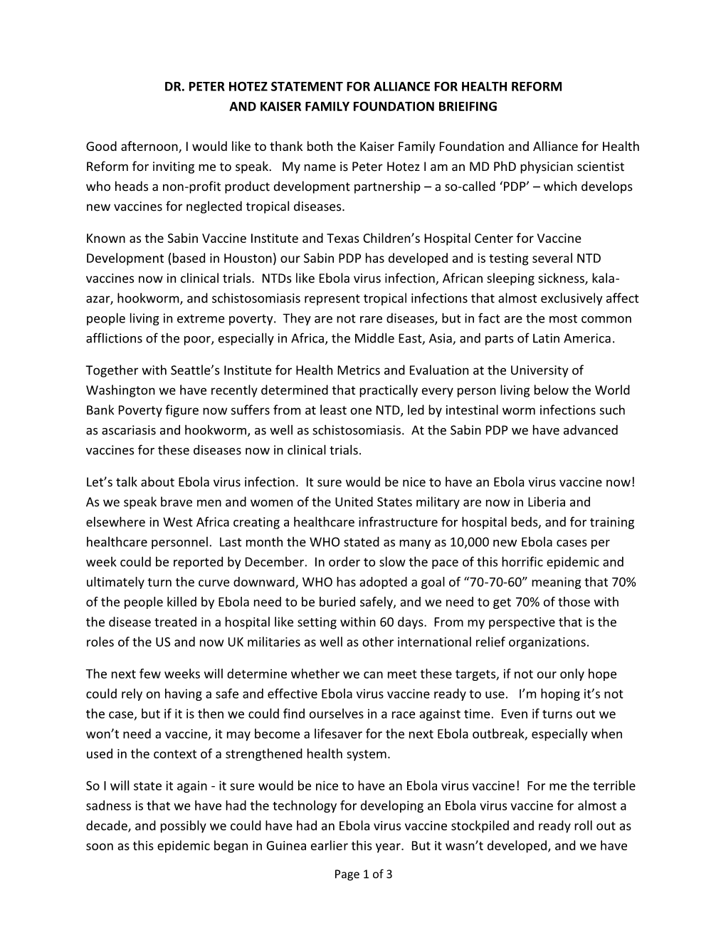 Peter Hotez Statement for Alliance for Health Reform and Kaiser Family Foundation Brieifing