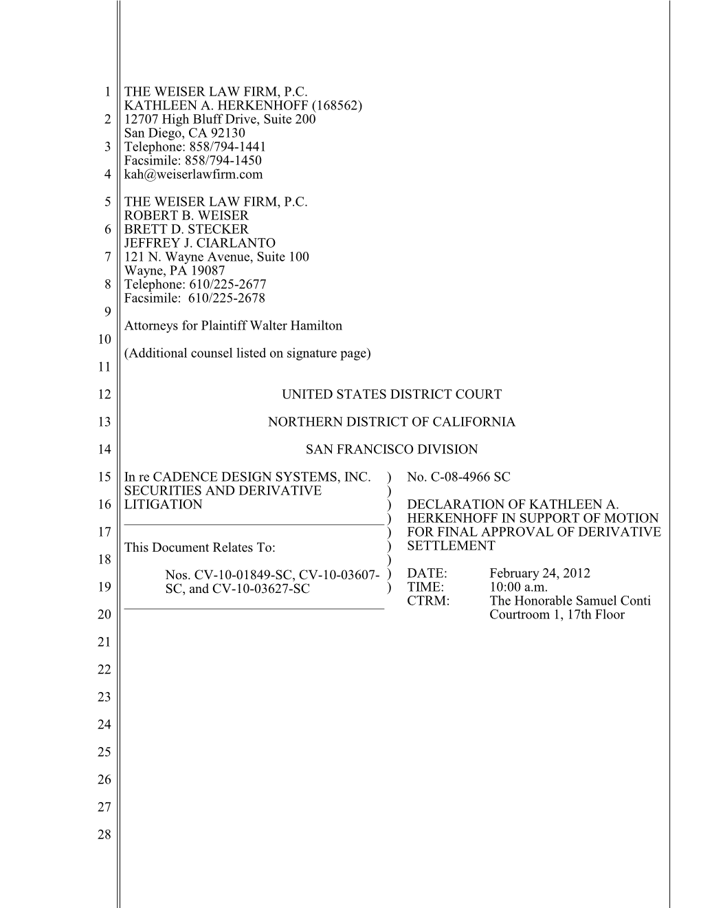 In Re: Cadence Design Systems, Inc. Securities Litigation 08-CV-04966