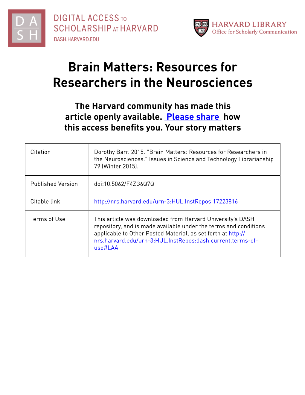 Brain Matters: Resources for Researchers in the Neurosciences