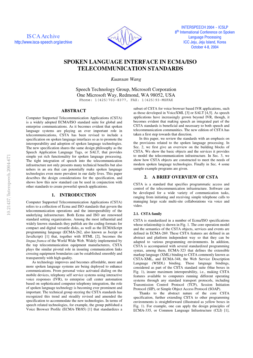 Spoken Language Interface in Ecma/Iso Telecommunication Standards