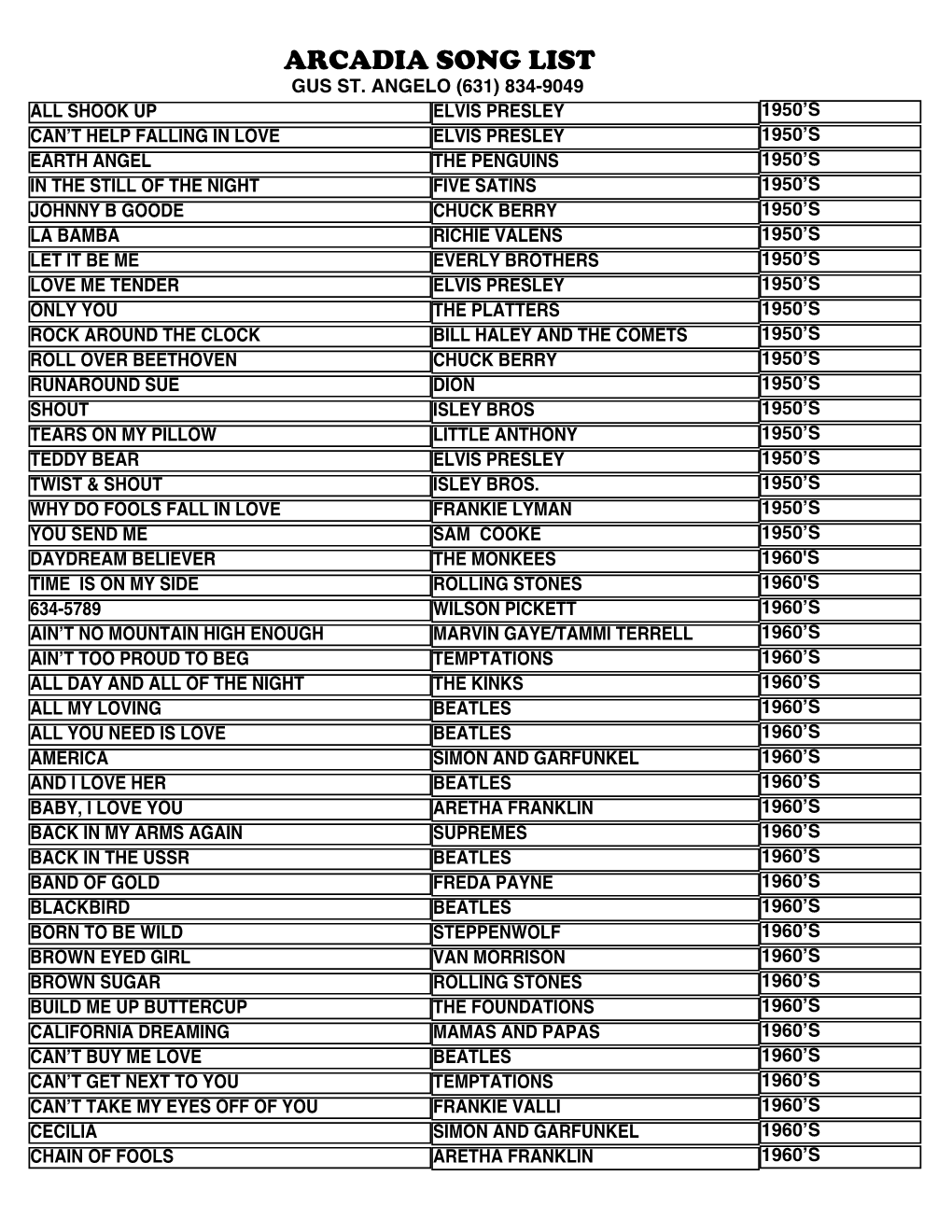 Arcadia Song List Gus St