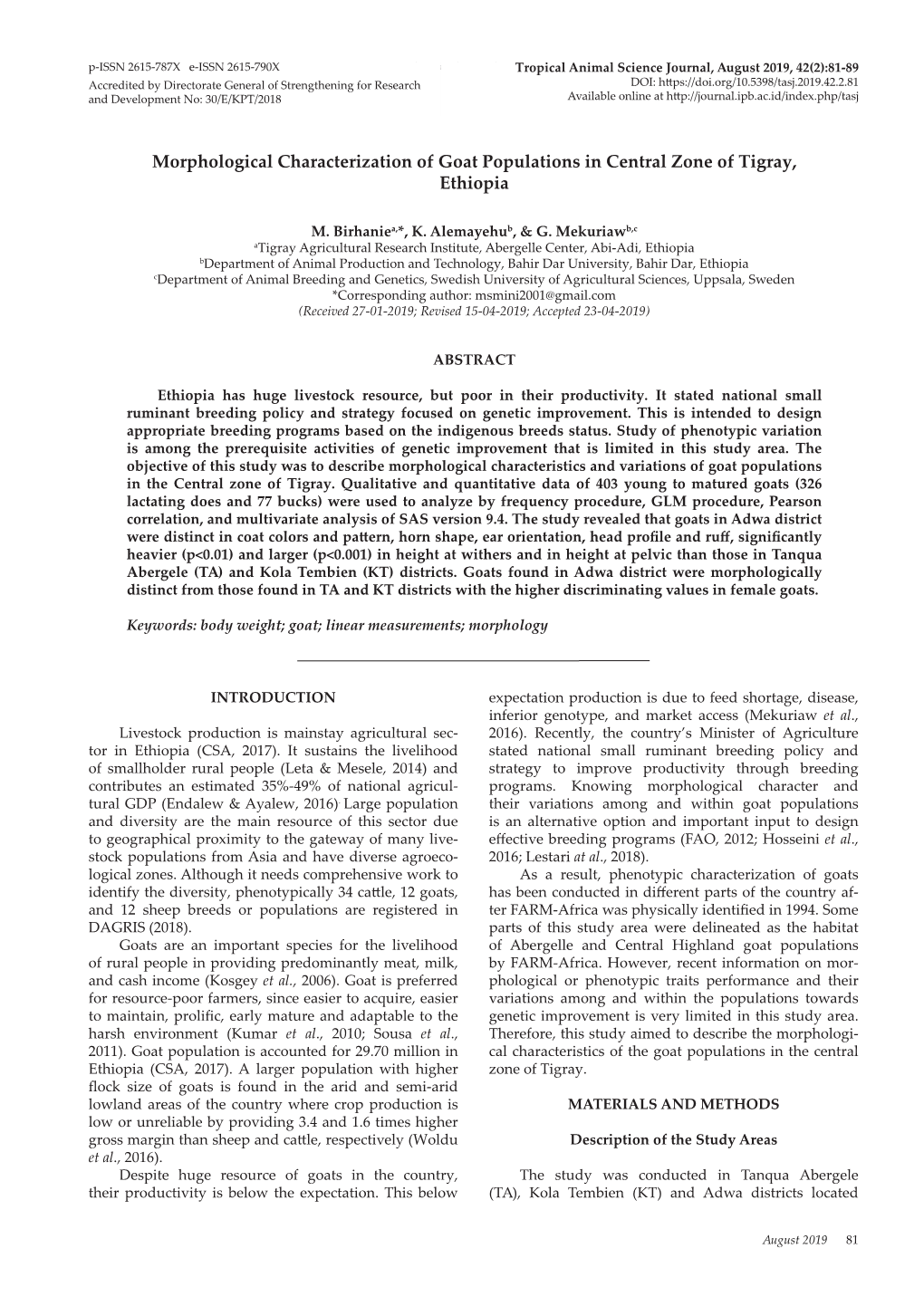 Morphological Characterization of Goat Populations in Central Zone of Tigray, Ethiopia