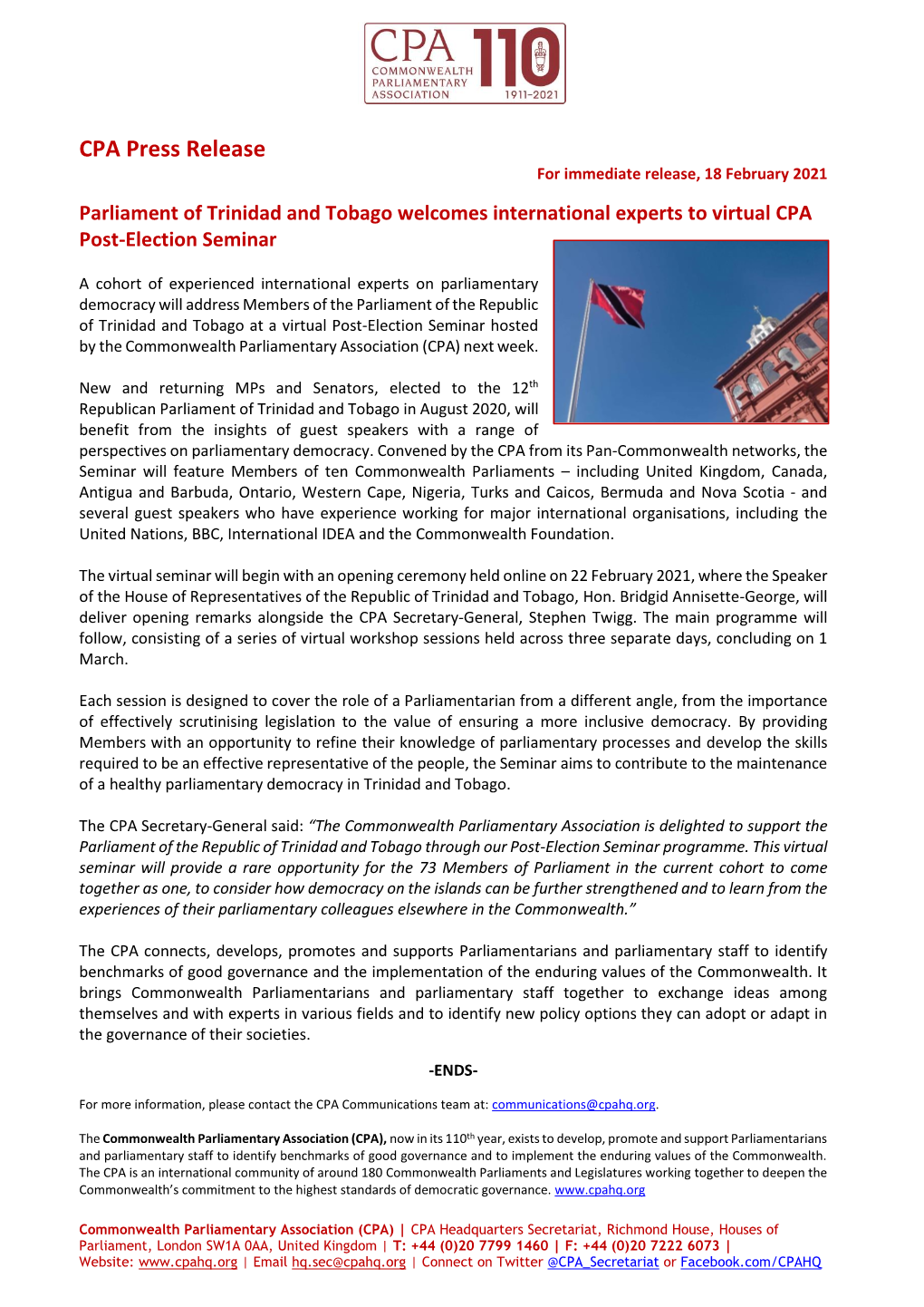 CPA Press Release for Immediate Release, 18 February 2021