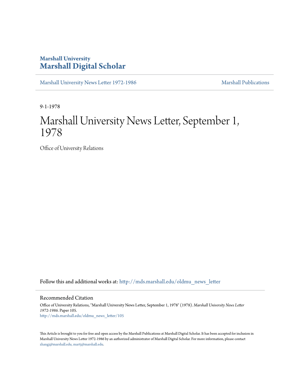 Marshall University News Letter, September 1, 1978 Office Ofni U Versity Relations