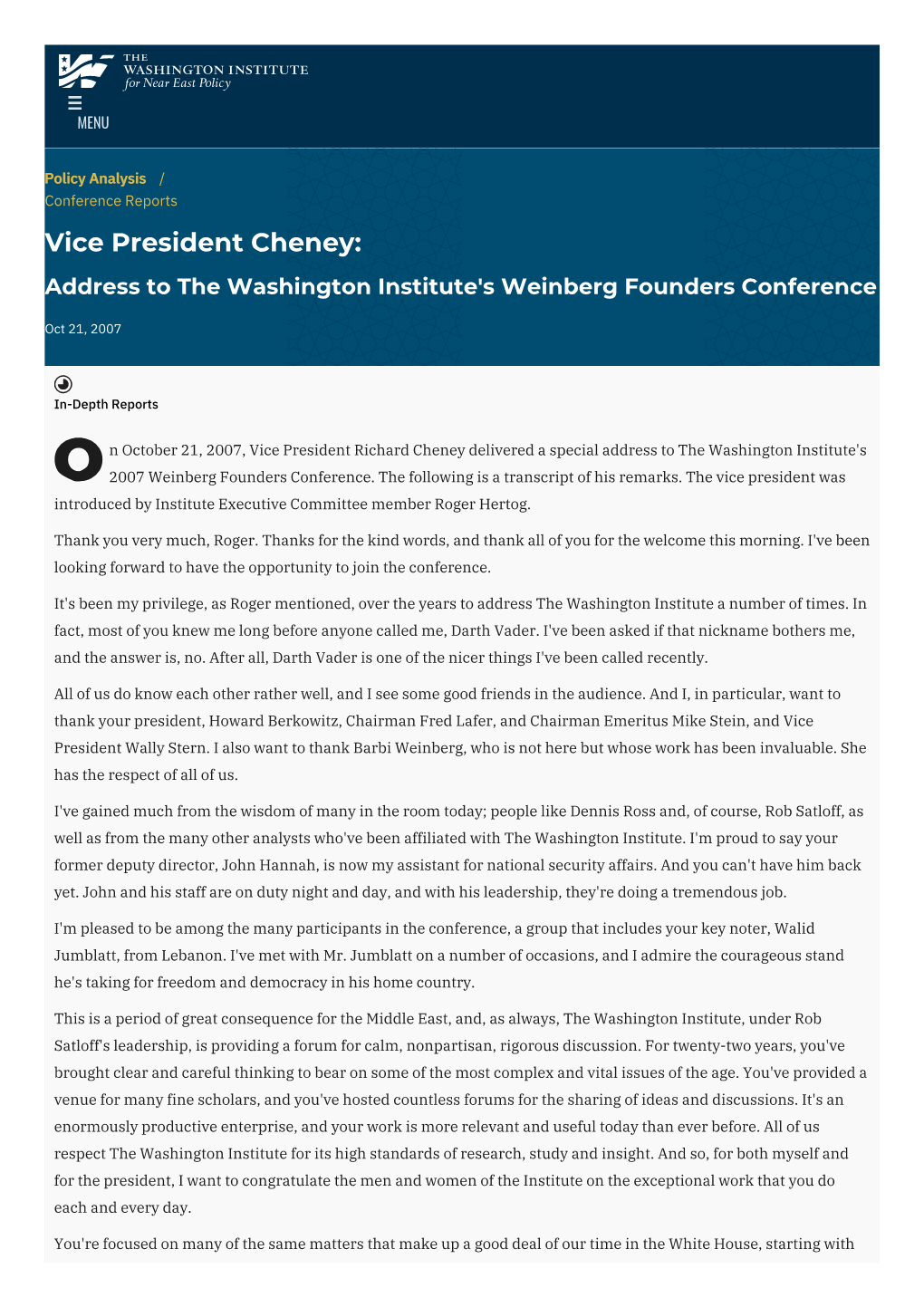 Vice President Cheney: Address to the Washington Institute's Weinberg Founders Conference