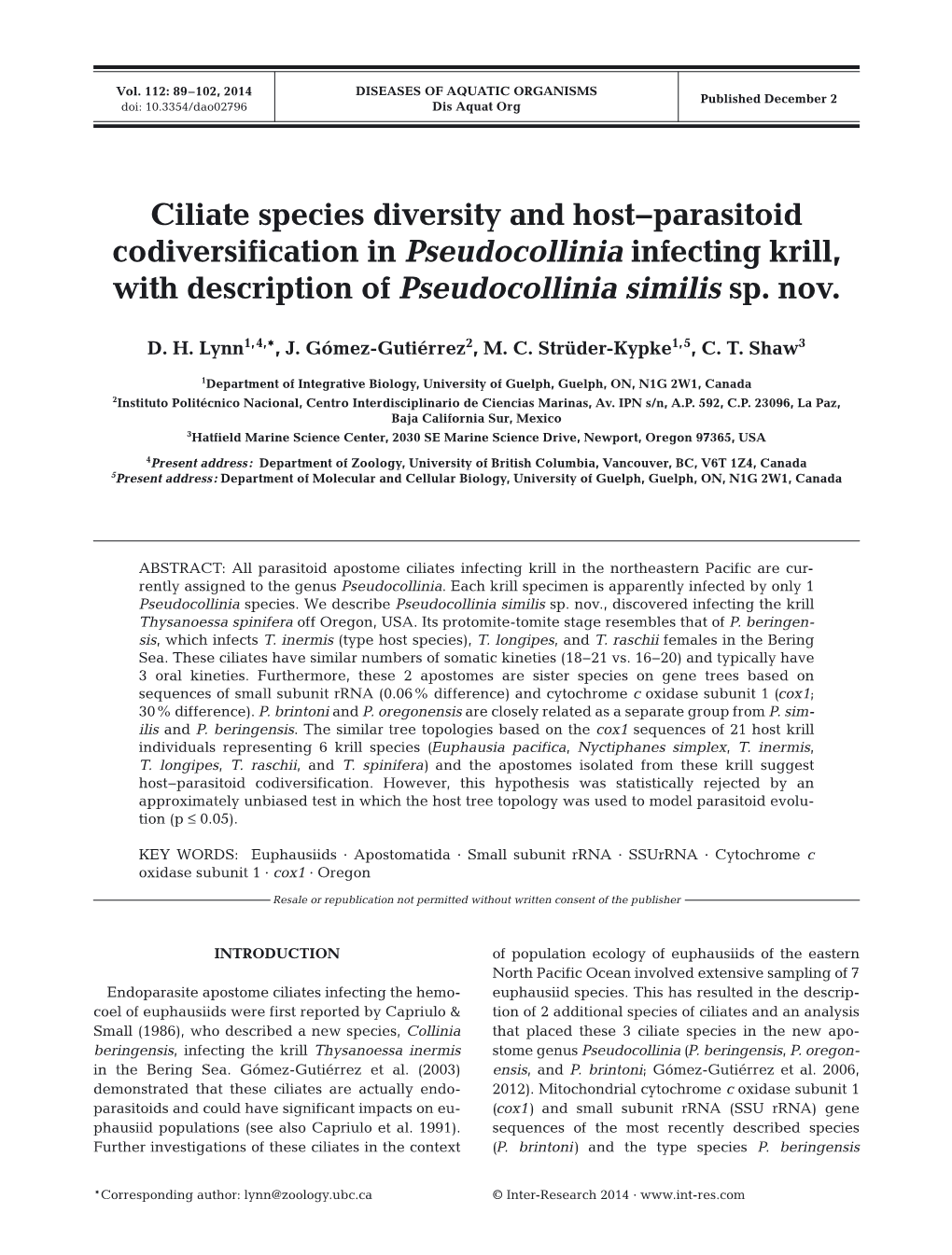 Ciliate Species Diversity and Host-Parasitoid Codiversification in Pseudocollinia Infecting Krill, with Description of Pseudocollinia Similis Sp. Nov