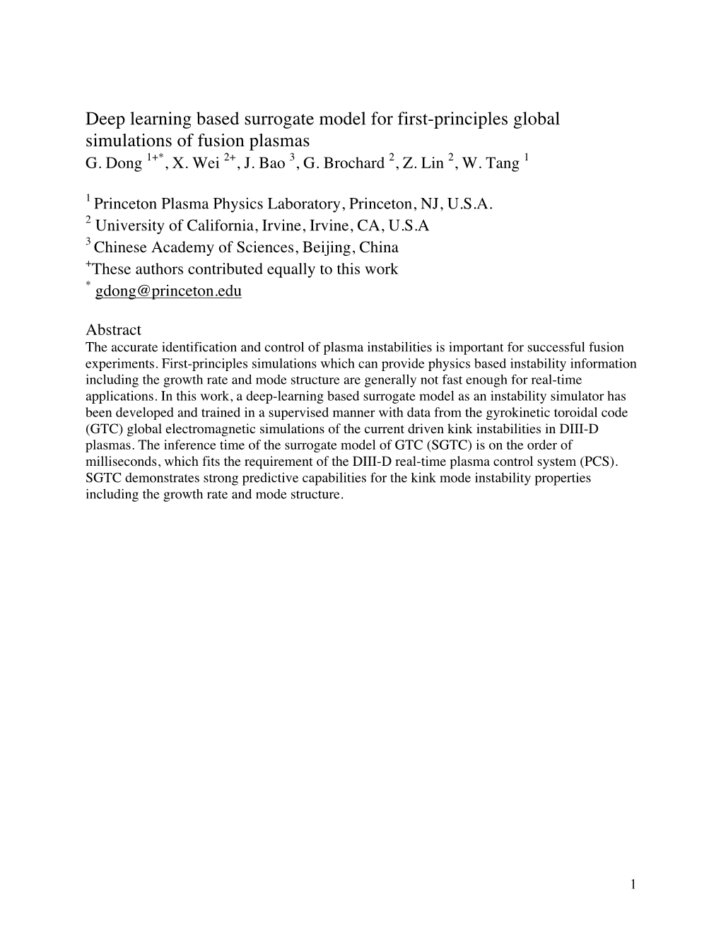 Deep Learning Based Surrogate Model for First-Principles Global Simulations of Fusion Plasmas G