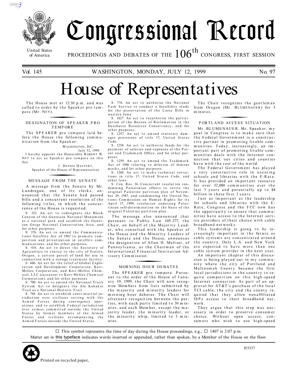 Congressional Record United States Th of America PROCEEDINGS and DEBATES of the 106 CONGRESS, FIRST SESSION