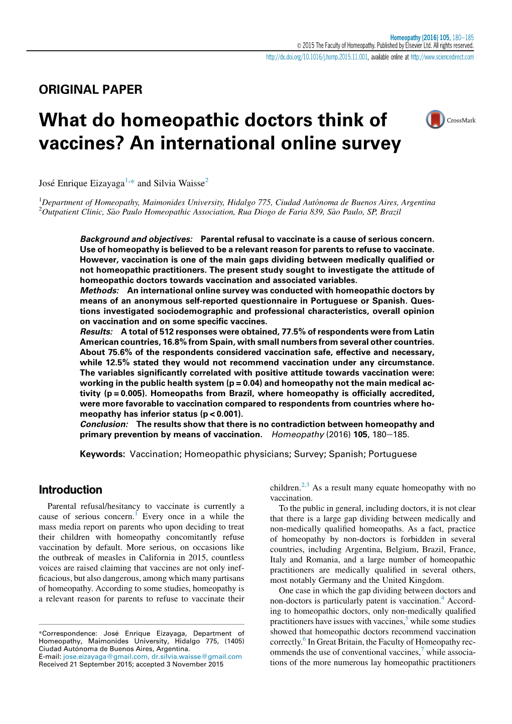 What Do Homeopathic Doctors Think of Vaccines? an International Online Survey