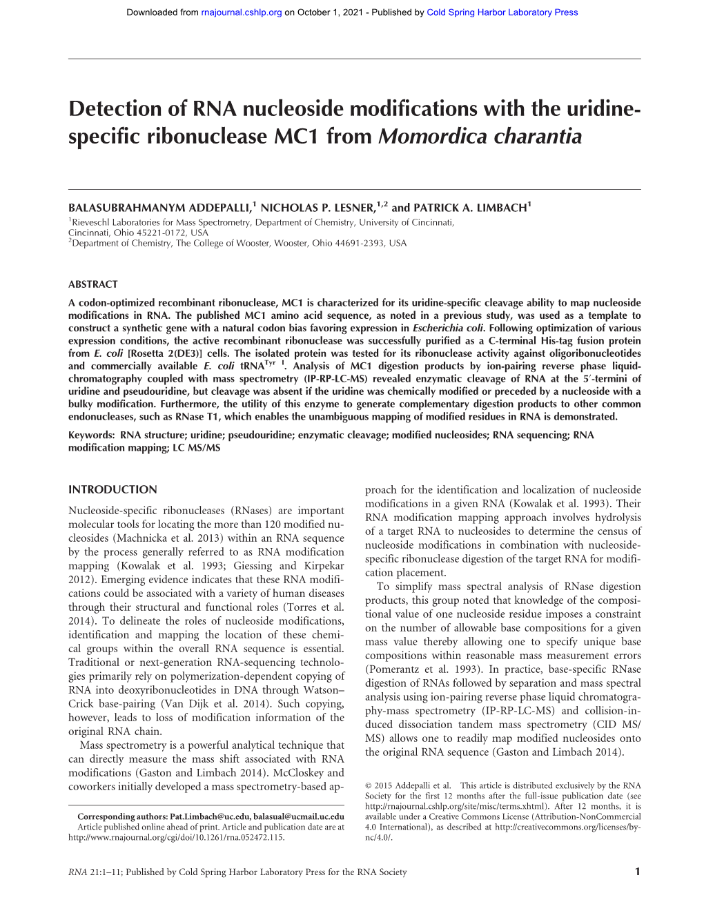 Detection of RNA Nucleoside Modifications with the Uridine- Specific Ribonuclease MC1 from Momordica Charantia