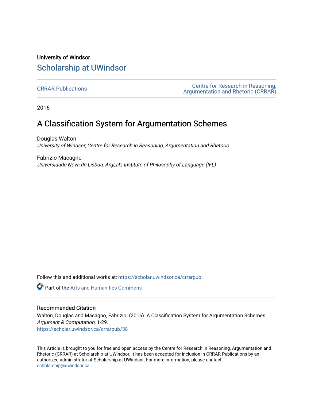 A Classification System for Argumentation Schemes