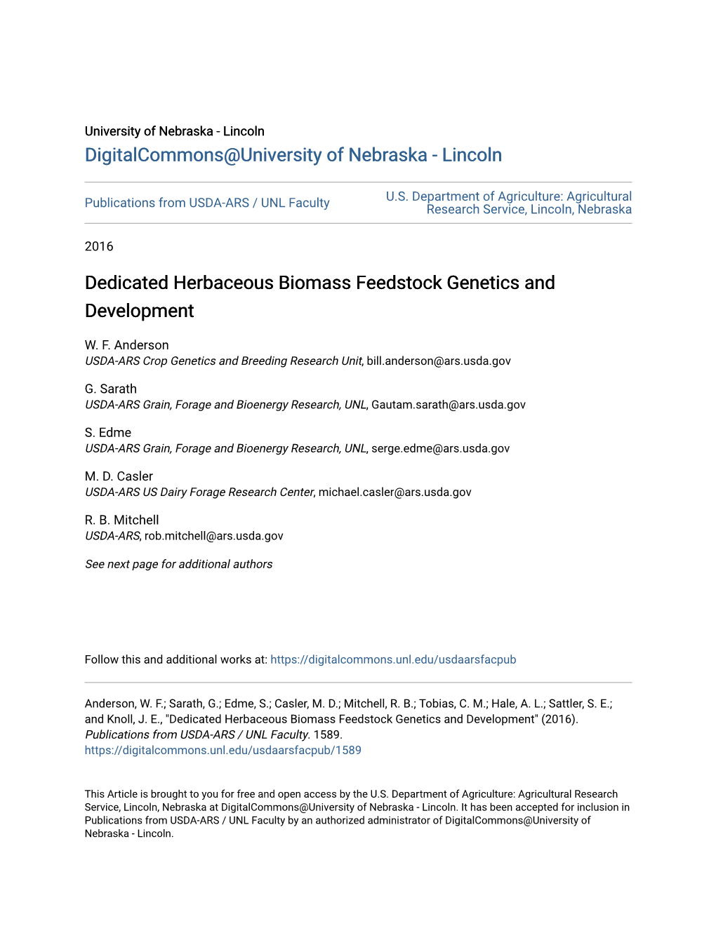 Dedicated Herbaceous Biomass Feedstock Genetics and Development