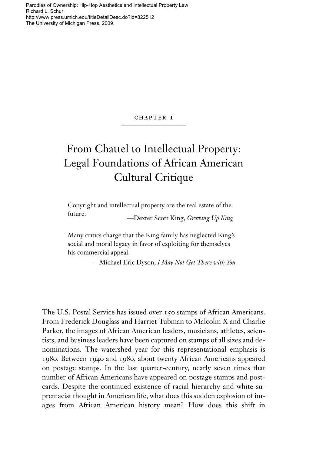 From Chattel to Intellectual Property: Legal Foundations of African American Cultural Critique