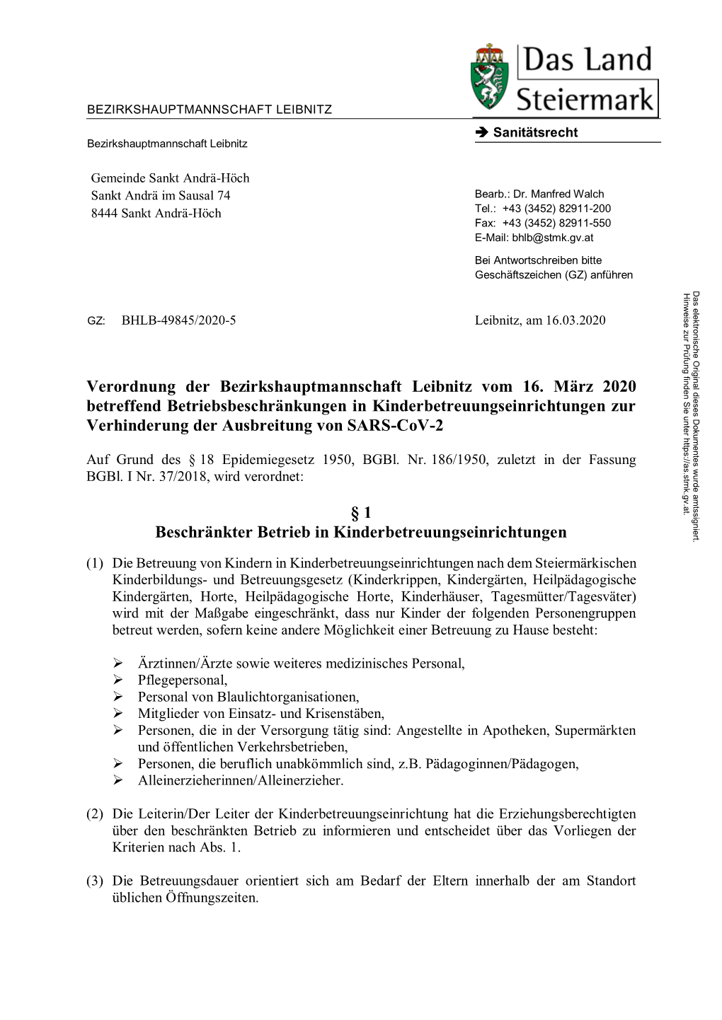 Verordnung Der Bezirkshauptmannschaft Leibnitz Vom 16